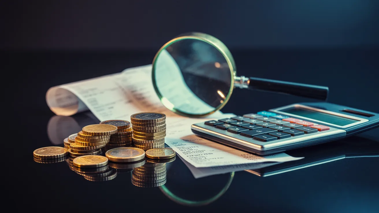 Calcul du coût total : pièces de monnaie, calculatrice et documents sur fond sombre — image générée par IA